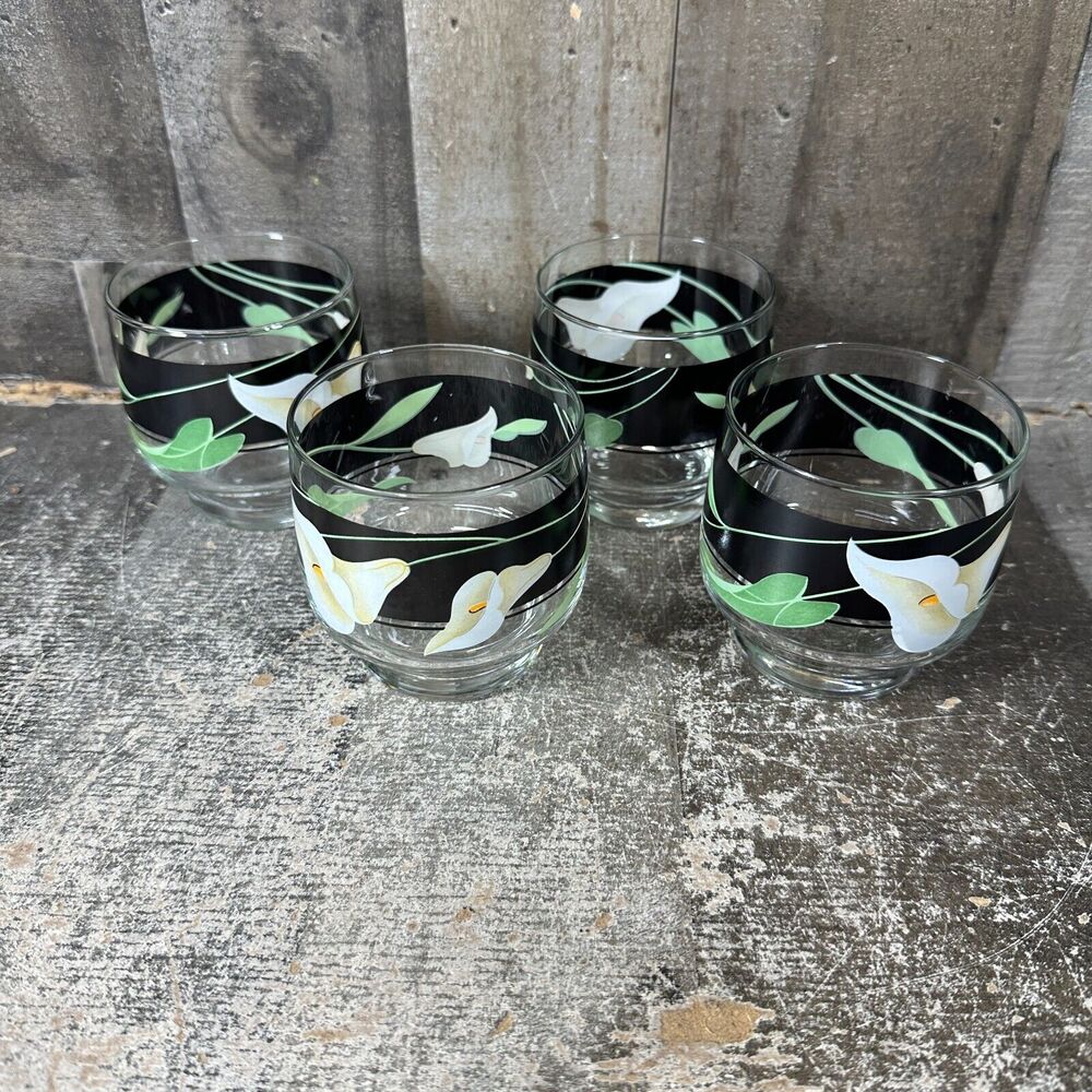 Sango Black Lilies Quadrille Glasses Tumblers‎ Set of 4 Juice Cocktail 8oz 1980s
